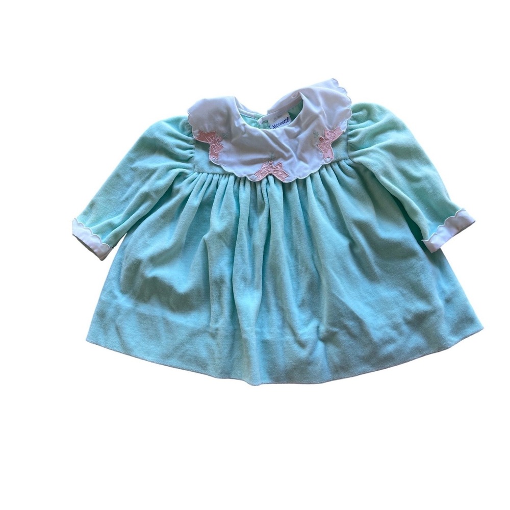 Vintage Nannette Baby Girl Mint Green Velour Dress Pink Bows Scallop Collar 24M